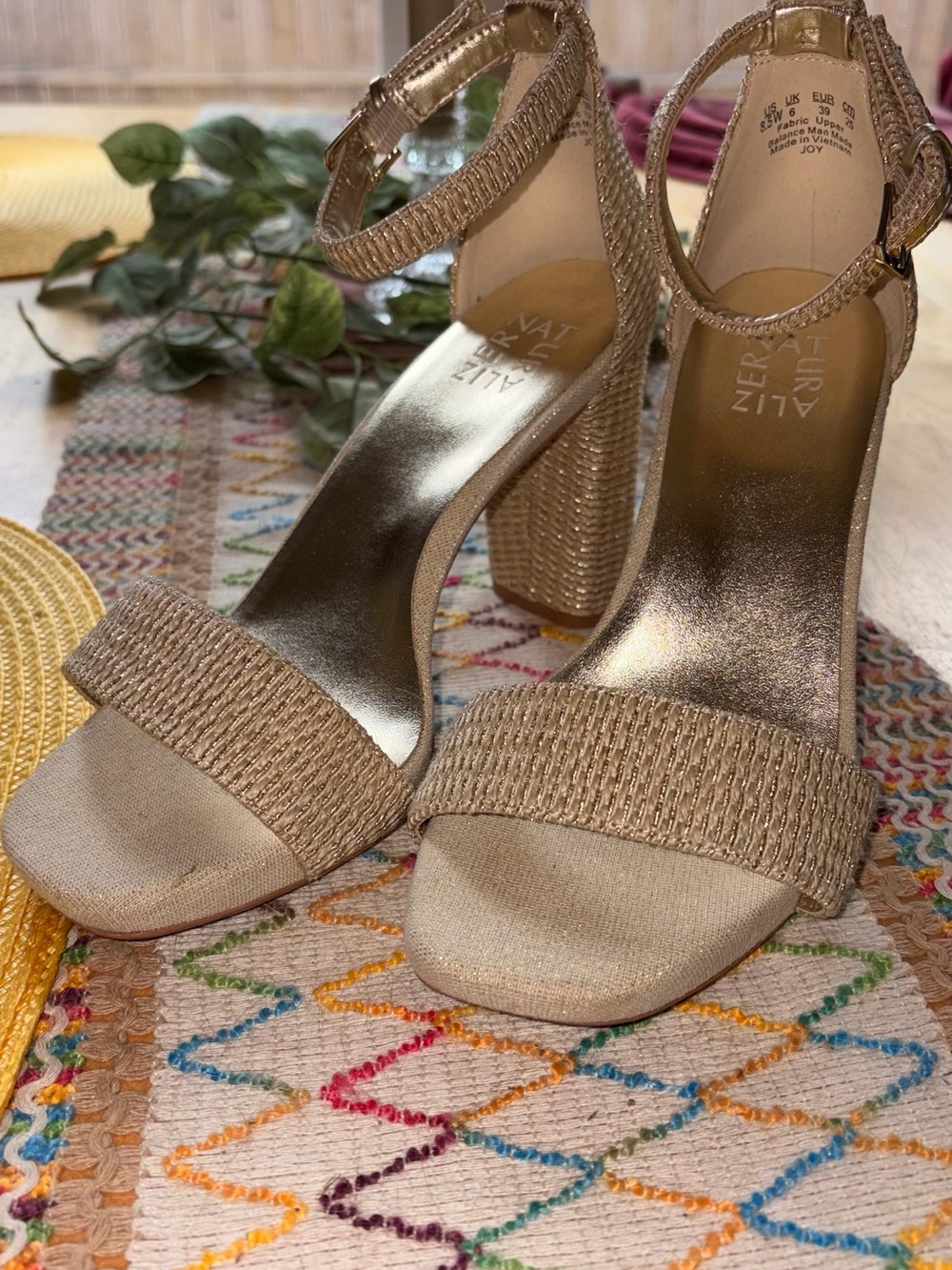 Naturalizer 8.5 Champagne Gold Block Heel Sandals with Ankle Strap